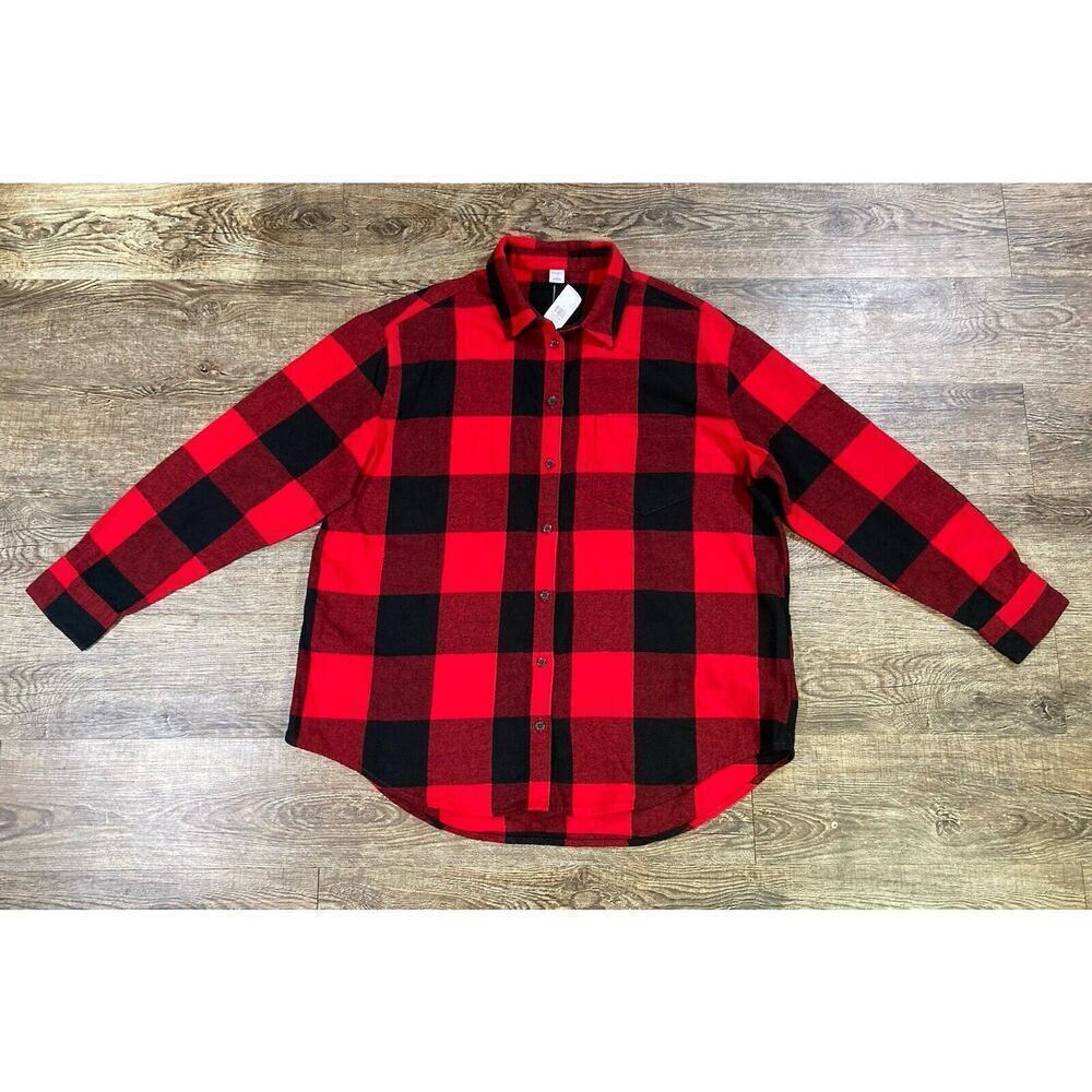 New Old Navy Button Up Flannel Woman’s Boyfriend Fit Red Buffalo Check Size L - Picture 2 of 9